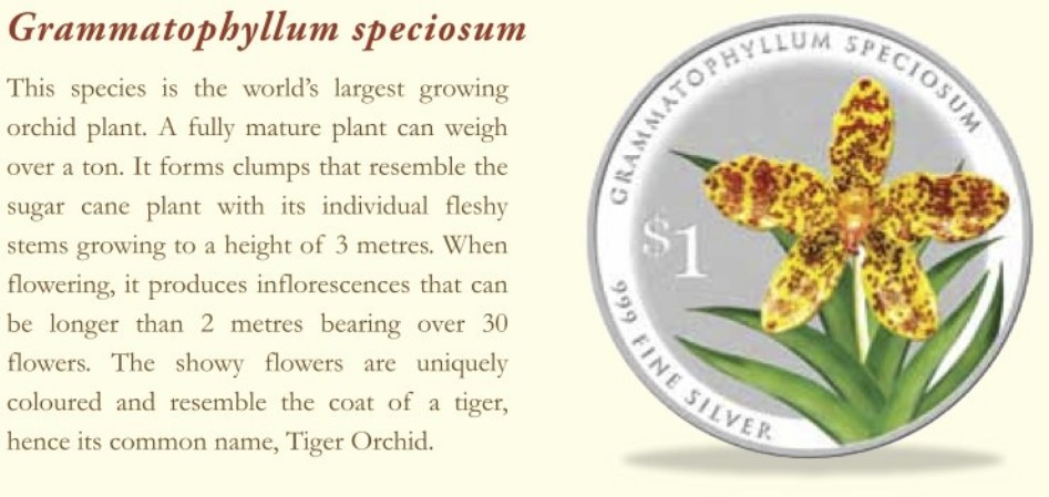 Singapore 2016 Silver $1 Orchid Coin - Grammatophyllum speciosum Description