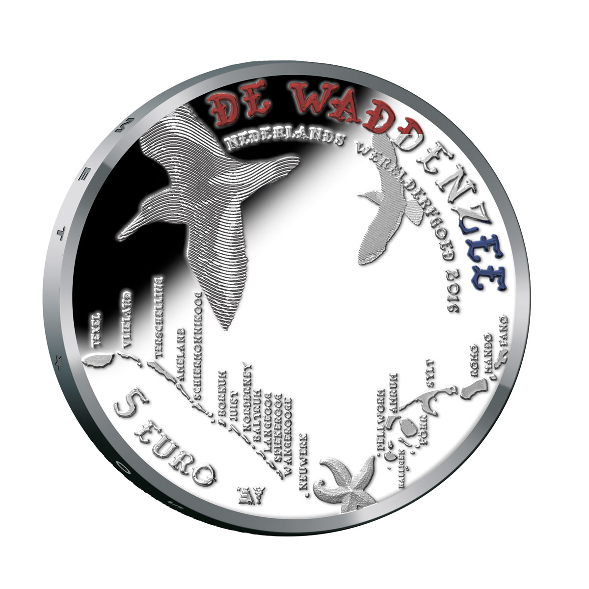 Dutch 2016 The Wadden Sea Silver 5 Euro coin Coloured for The Netherlands