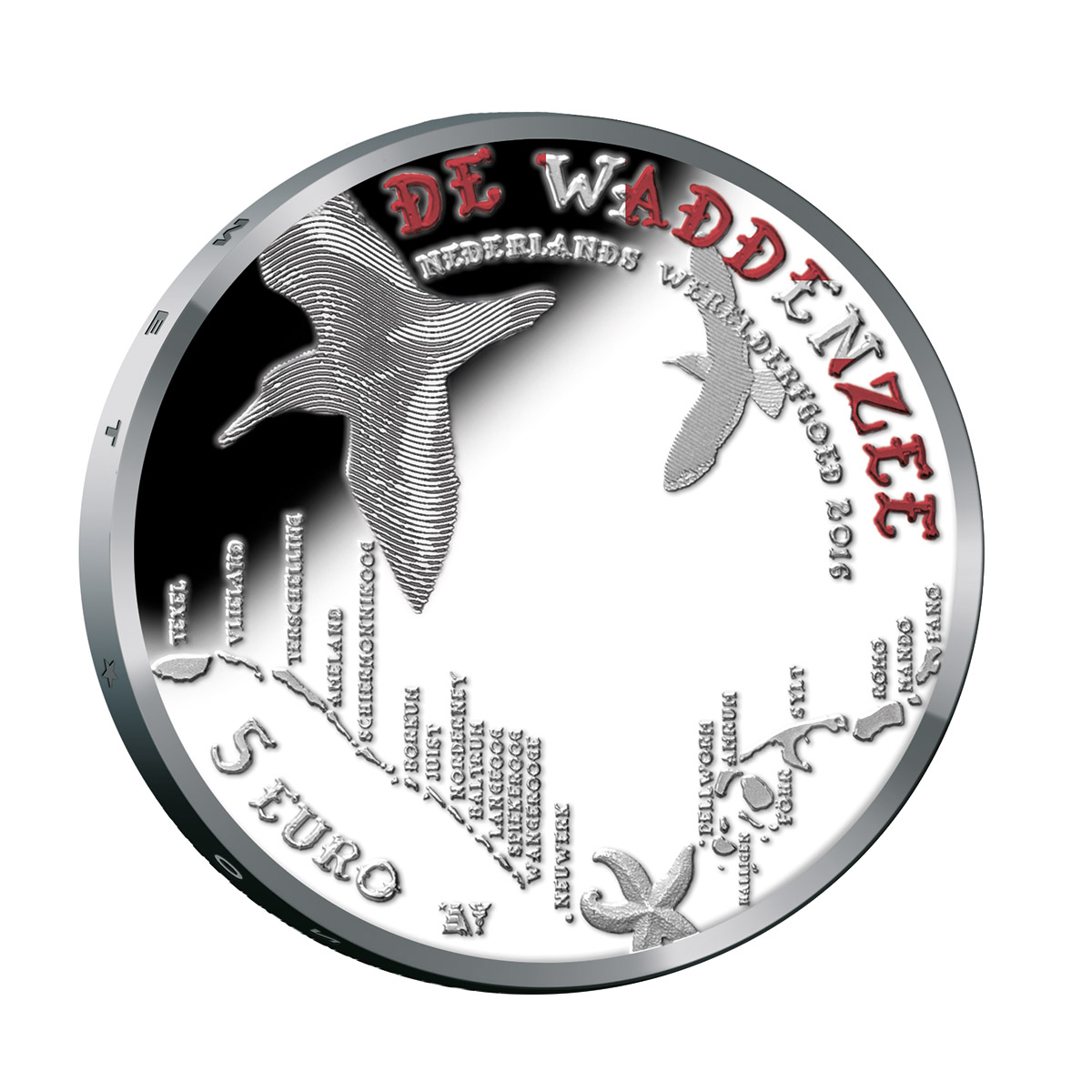 Dutch 2016 The Wadden Sea Silver 5 Euro coin Coloured for Denmark