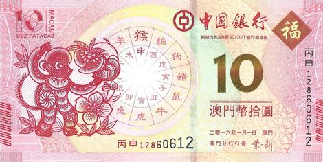Macau 2016 10 Patacas Obverse - Year of the Monkey