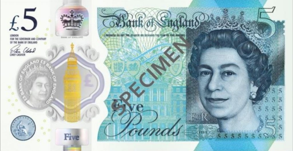 England 2016 Polymer £5 Bnaknote Obverse