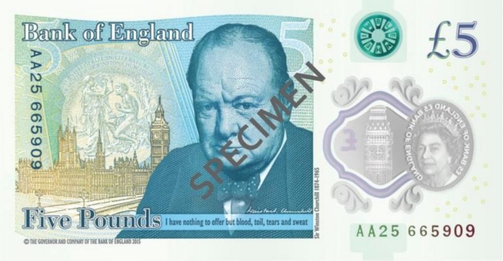 England 2016 Polymer £5 Bnaknote Reverse
