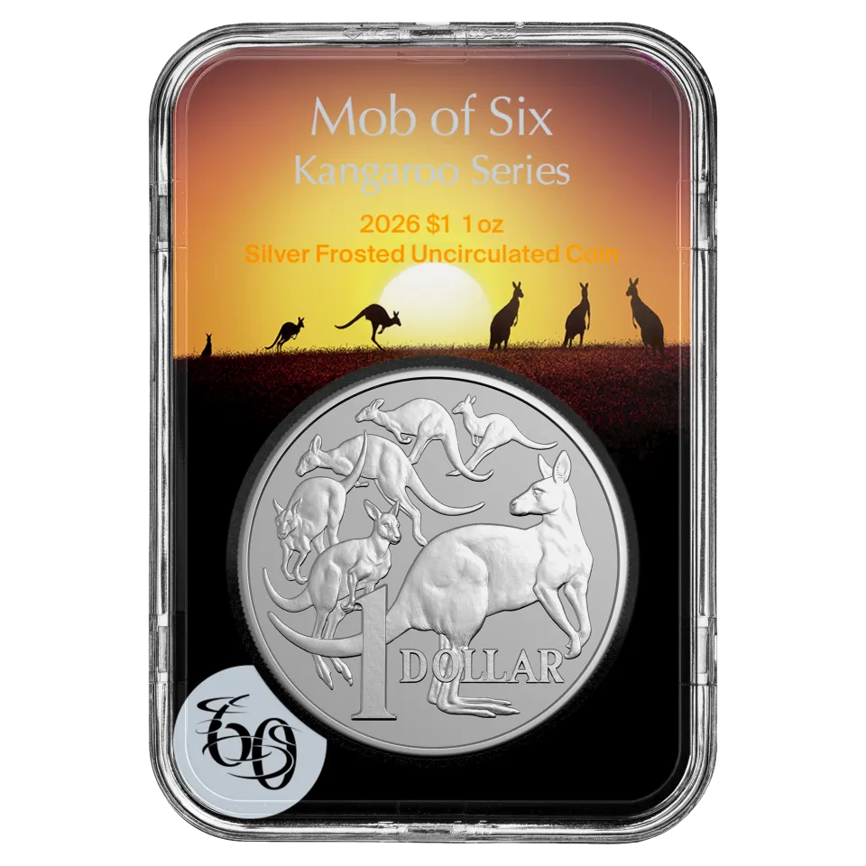 2026 Mob of Six Roos $1 silver frosted uncirculated coin in Royal Australian Mint capsule