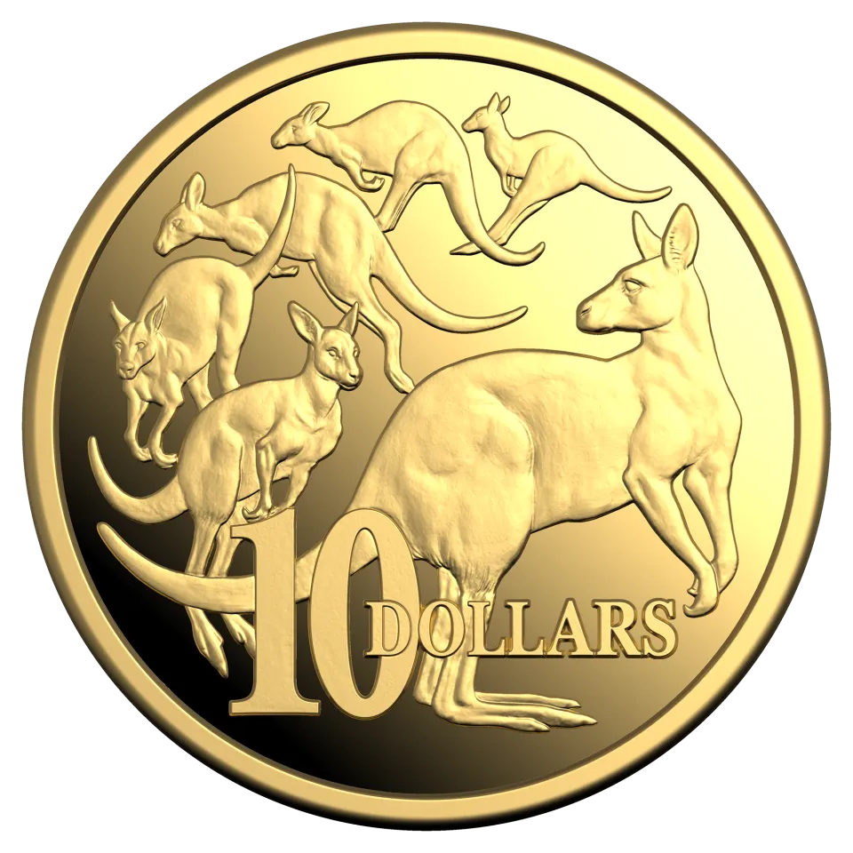 2026 Kangaroo Series $10 gold proof coin showing the Mob of Six Roos reverse