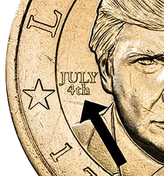 Close view of the JULY 4th privy mark in the left obverse field of the 2026 Semiquincentennial President Donald J. Trump $1 Coin