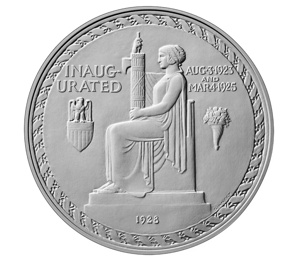 Obverse of the 2026 Calvin Coolidge Presidential Silver Medal, John Ray Sinnock's bust of Coolidge facing right