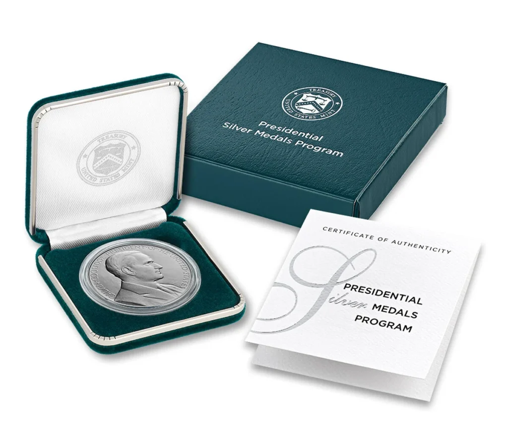 Calvin Coolidge Presidential Silver Medal encapsulated in its US Mint presentation case with Certificate of Authenticity