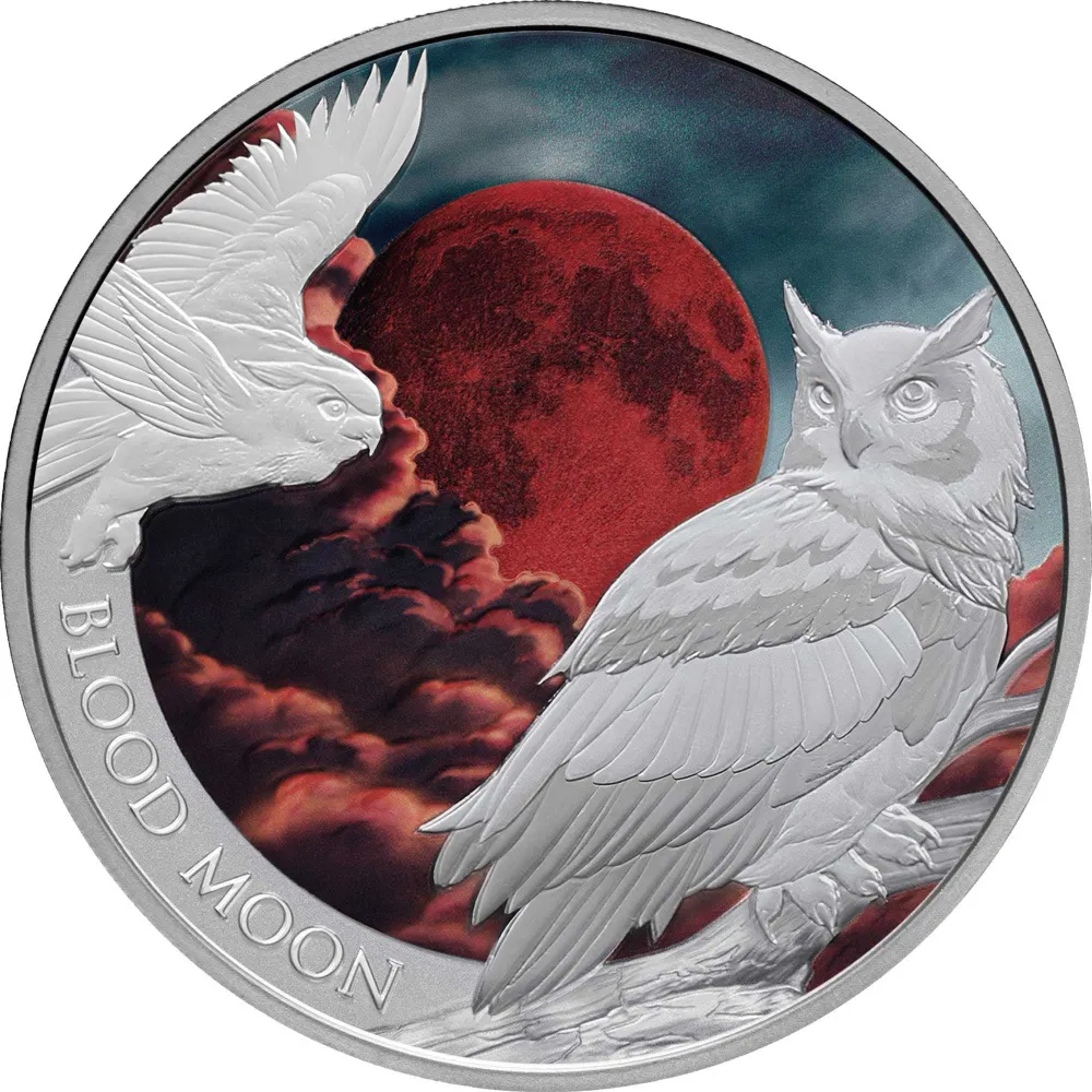 Coloured reverse of the Perth Mint Blood Moon 2026 coin with the BLOOD MOON inscription