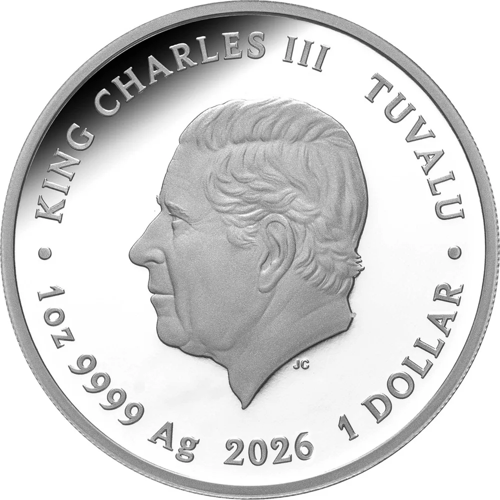 Obverse of the Blood Moon 2026 coin with the Jody Clark effigy of King Charles III and 1 dollar Tuvalu denomination