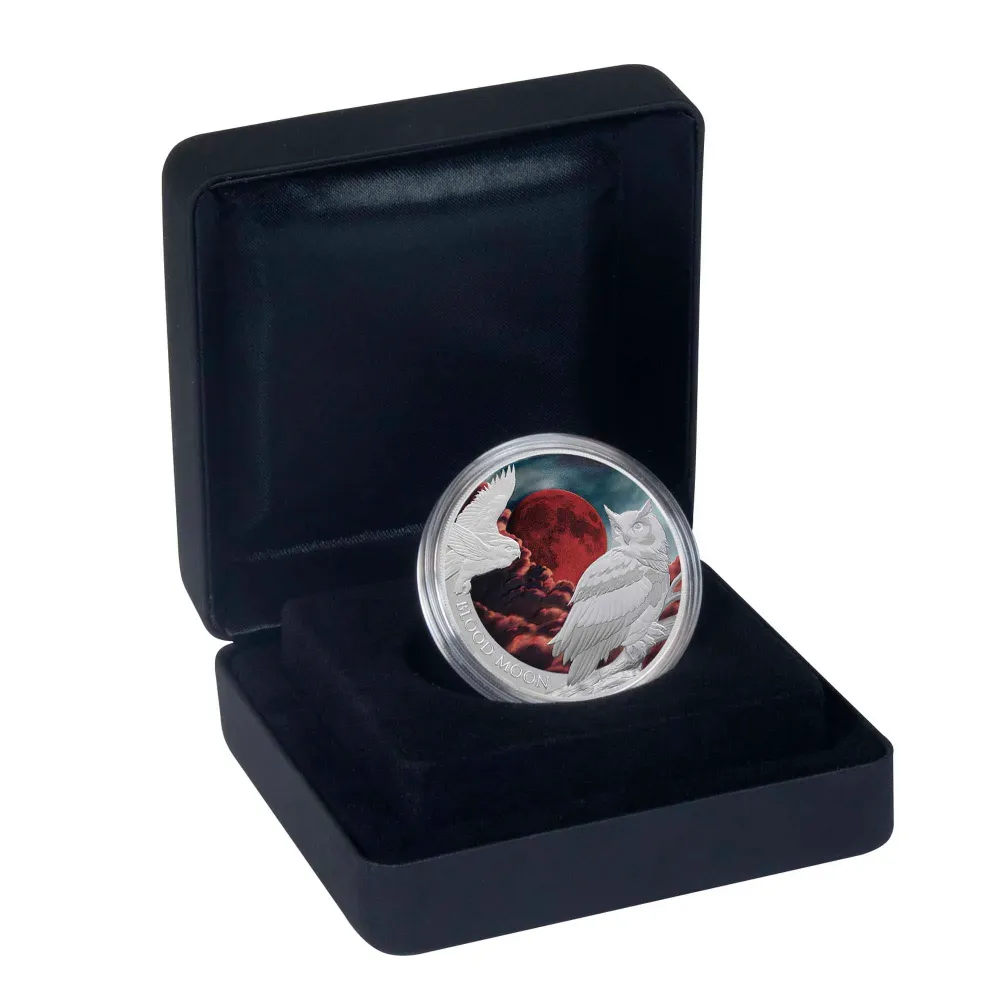 Blood Moon 2026 silver proof coin in its black Perth Mint display case