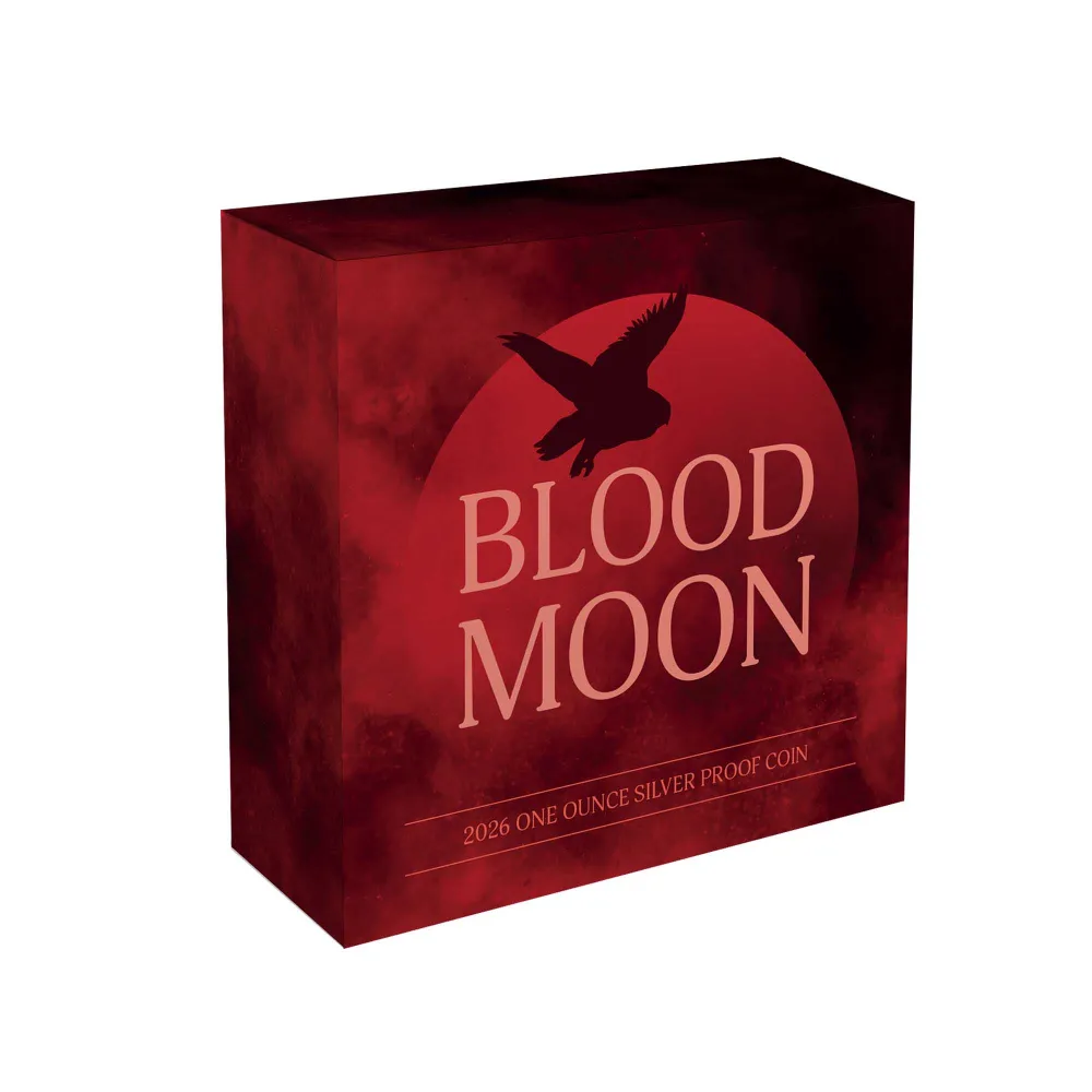 Blood Moon 2026 silver proof coin in its black Perth Mint display case