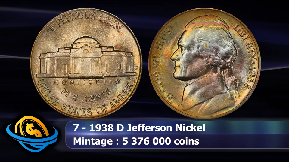 1938-D Jefferson nickel from the first year of issue, struck at the Denver Mint