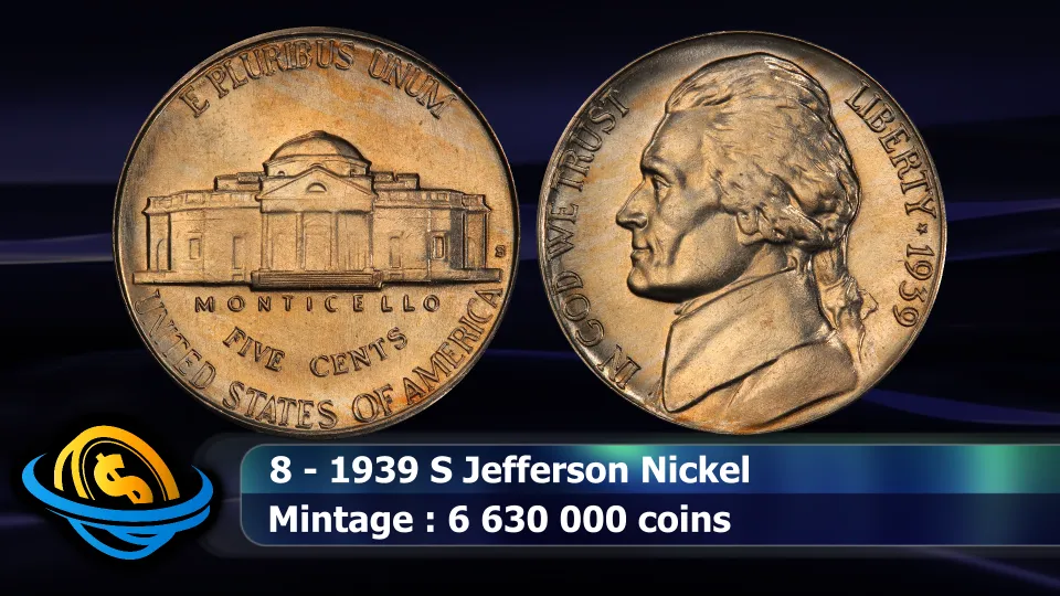 1939-S Jefferson nickel showing the Monticello reverse used to separate the Reverse of 1938 and Reverse of 1940 types