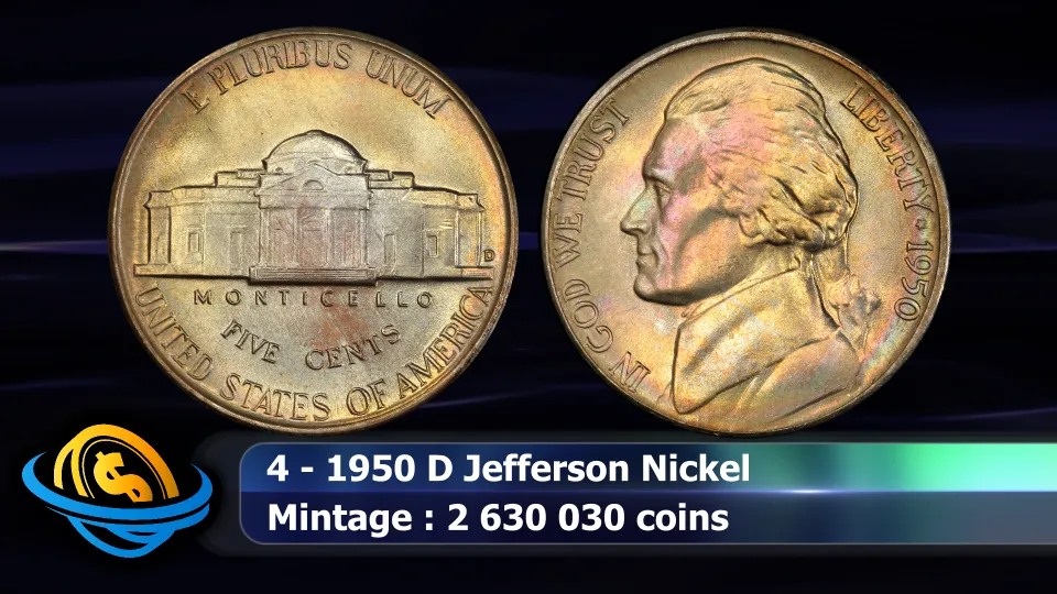 1950-D Jefferson nickel, the lowest circulation strike mintage in the series at 2,630,030