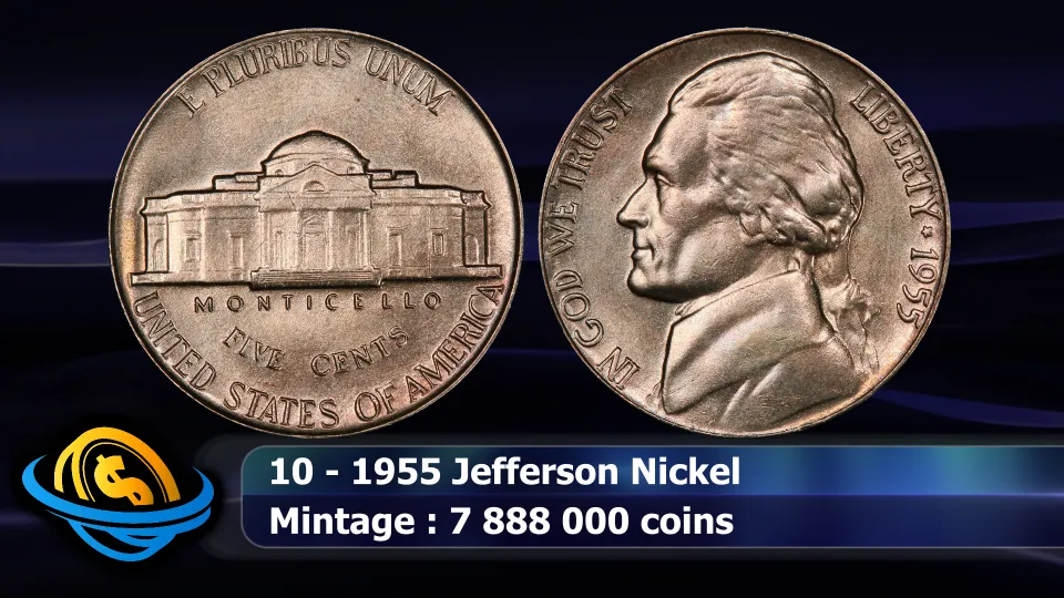 1955 Jefferson nickel from the Philadelphia Mint, an issue known for weakly struck Monticello steps
