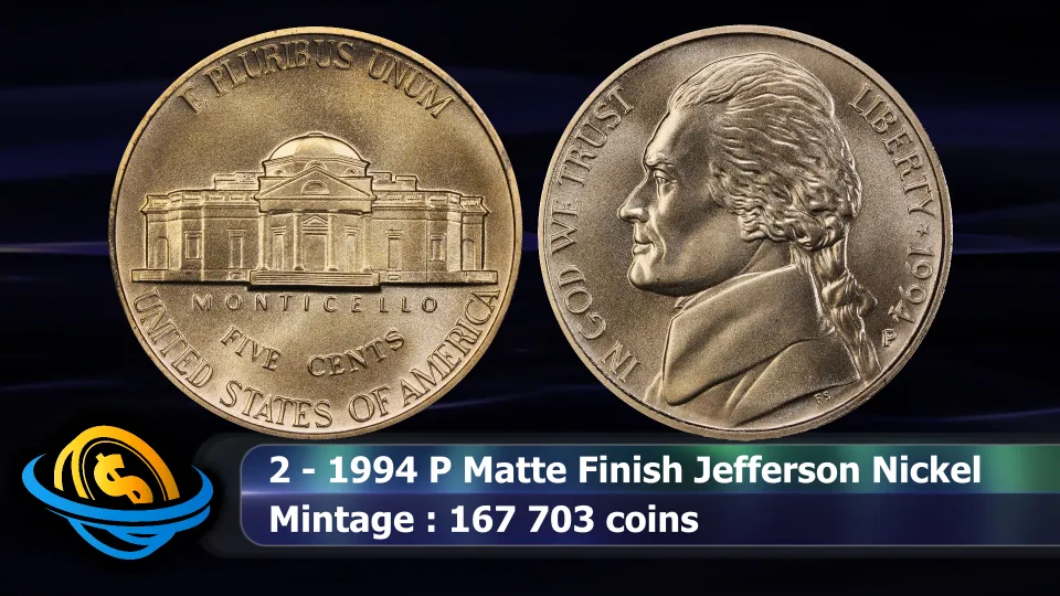 1994-P matte finish Jefferson nickel, sold only in the Thomas Jefferson Coinage and Currency Set