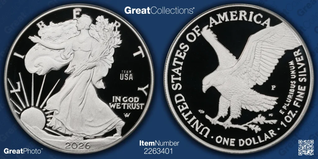 Obverse and reverse of the 2026 Team USA Silver Eagle side by side, showing the TEAM USA privy mark above IN GOD WE TRUST and the eagle reverse