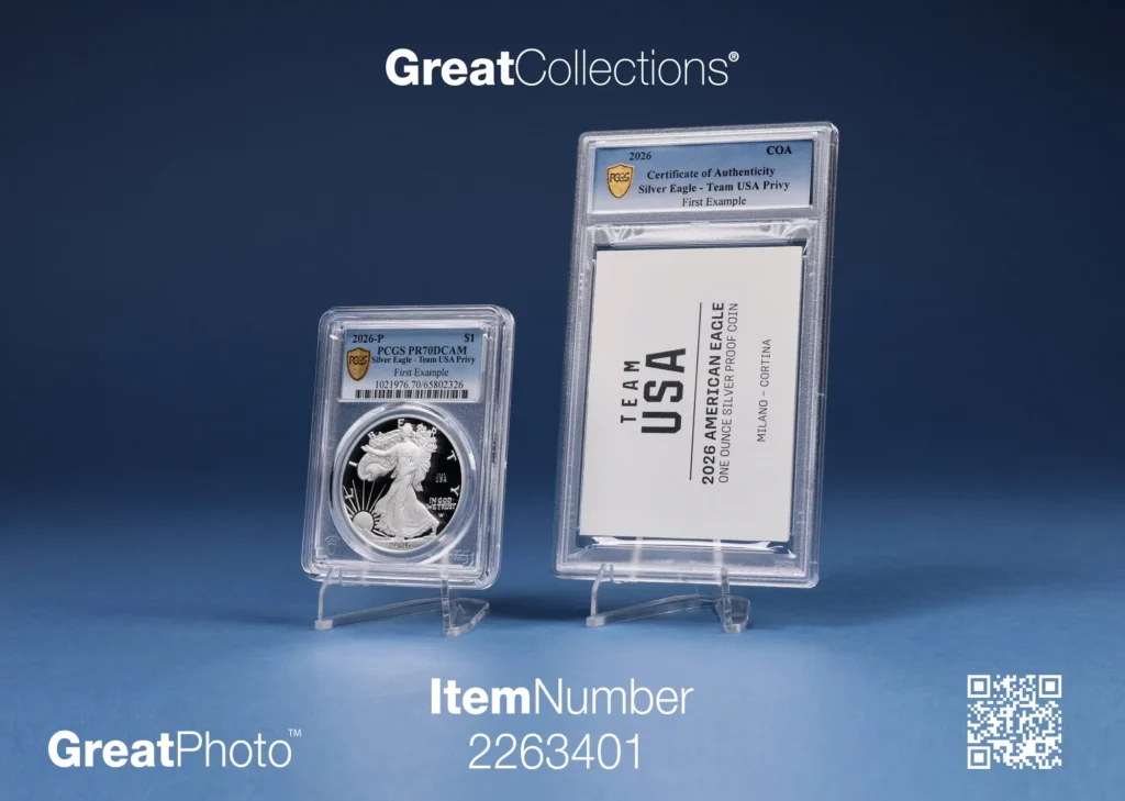 PCGS-encapsulated coin beside its separately encapsulated Certificate of Authenticity reading TEAM USA, 2026 American Eagle One Ounce Silver Proof Coin, Milano Cortina