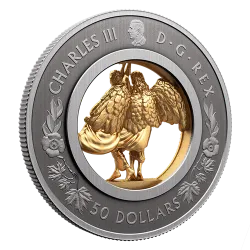 Allegories of Peace and Freedom fine silver coin shown in its black Royal Canadian Mint clamshell