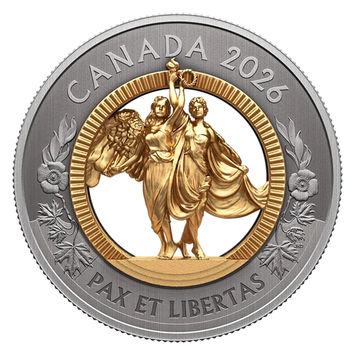 Allegories of Peace and Freedom fine silver coin, reverse, showing gold plated cast figures of Peace and Freedom inside an antiqued silver ring inscribed CANADA 2026 and PAX ET LIBERTAS