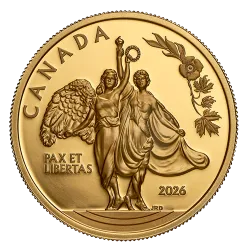 Allegories of Peace and Freedom 1 oz pure gold coin, reverse, engraved Peace and Freedom figures with PAX ET LIBERTAS and 2026 on a proof field