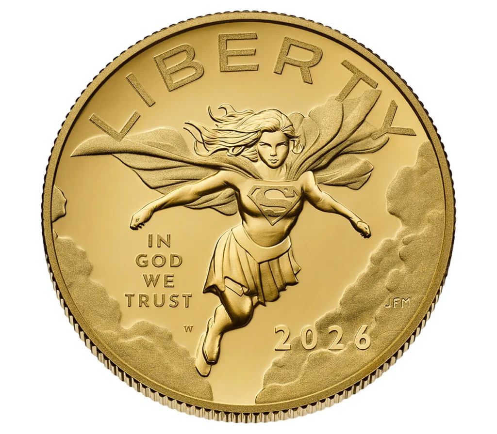 2026 Supergirl $50 gold proof coin obverse from the West Point Mint showing Supergirl in flight