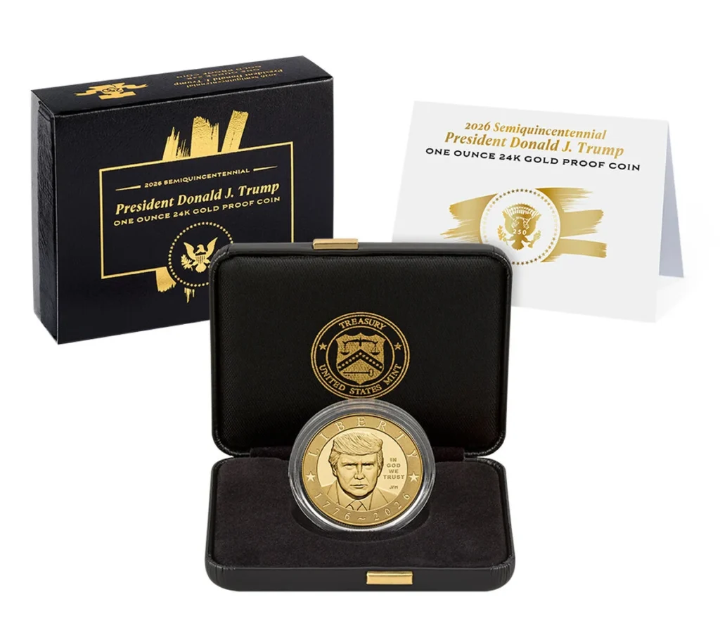 Packaging for the 2026 Trump 24K gold proof coin, a black presentation case with the Treasury seal, black outer box and printed insert card