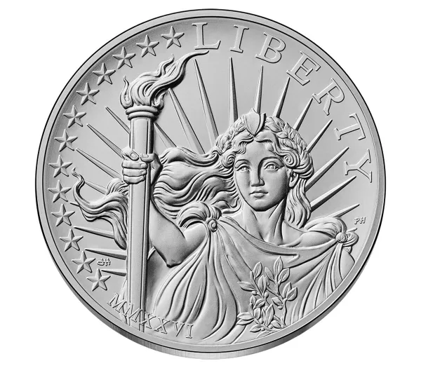 Obverse of the 2026 Best of the Mint silver companion medal showing Liberty with torch and olive branch surrounded by 13 stars, dated MMXXVI