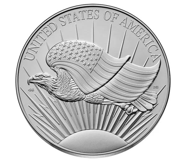 Reverse of the 2026 Best of the Mint silver companion medal showing an eagle whose wings form an American flag above the Sun