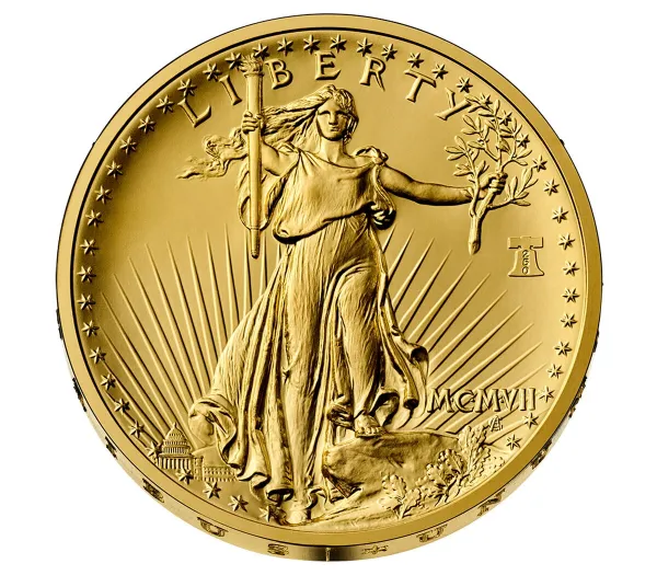 Obverse of the 2026 Saint-Gaudens High Relief $20 gold coin showing Liberty striding forward with torch and olive branch, the Capitol behind her and the Liberty Bell 250 privy mark