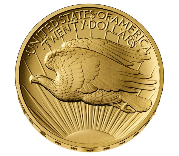 Reverse of the 2026 Saint-Gaudens High Relief $20 gold coin showing an eagle flying left across the rays of a rising sun