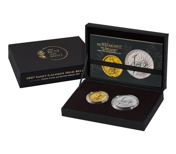 Best of the Mint 1907 Saint-Gaudens High Relief set in its black presentation case, gold coin and silver medal side by side with the Best of the Mint box and certificate