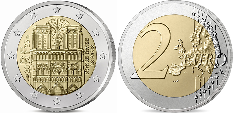 France 2 euro Notre-Dame circulating commemorative coin showing the cathedral west facade, 2026 COTY Best Contemporary Event Coin