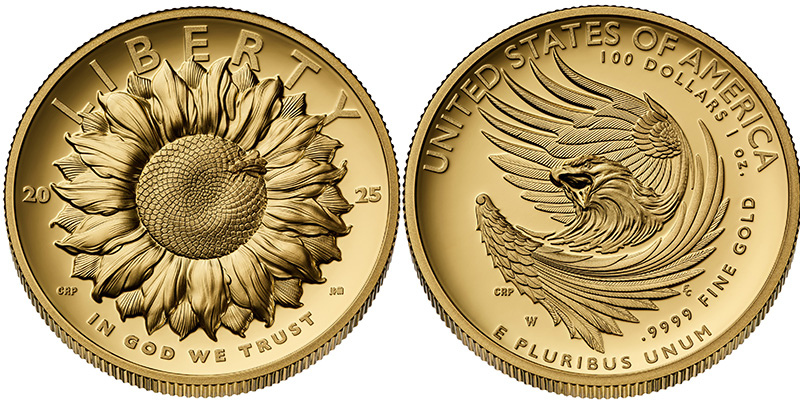 2025 American Liberty 100 dollar high relief gold coin with sunflower obverse and swirling eagle reverse, 2026 COTY Best Gold Coin