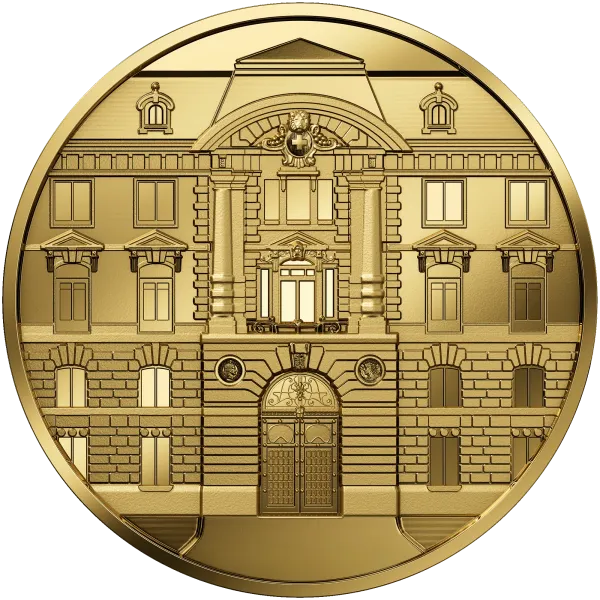 Obverse of the 2026 Swissmint building gold coin, showing the Neo-Renaissance façade with entrance portal, half columns, segmental arch and the two Chiattone relief medallions