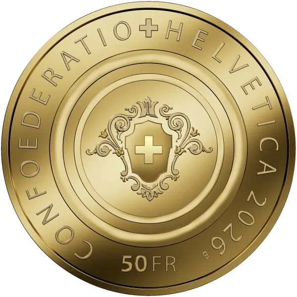 Reverse of the 2026 Swissmint building gold coin, showing the Swiss cross coat of arms in a decorative cartouche with CONFOEDERATIO HELVETICA, 2026, mintmark B and 50 FR