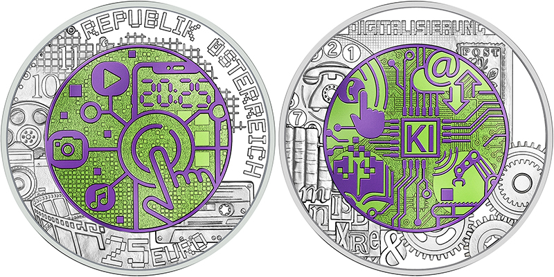 Austria 25 euro silver and niobium Digitalisation coin with green and violet anodised core, 2026 COTY Best Bi-Metallic Coin