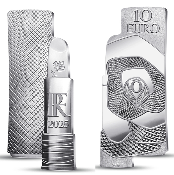 France 10 euro silver 90 Years of Lancôme lipstick shaped coin, 2026 COTY Most Innovative Coin
