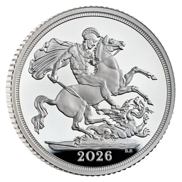Silver Sovereign 2027 Silver Proof Coin reverse, St George and the dragon in silver