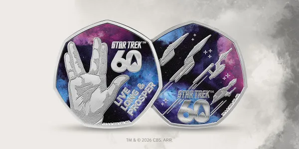 Two Royal Mint Star Trek 50p coins in colour, the Vulcan salute design and the four starship design