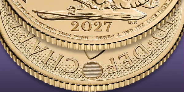 Close detail of the Sovereign latent image and microtext security features below the King's portrait