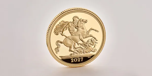 2027 Sovereign Gold Proof Coin reverse showing Pistrucci's St George and the dragon in yellow gold, dated 2027