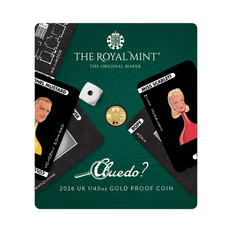 Cluedo 2026 1/40oz Gold Proof coin reverse by Emma Noble, Cluedo logo and magnifying glass over the game board with pawns