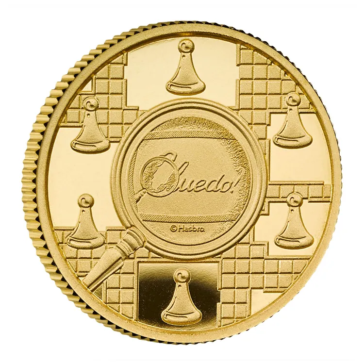 Cluedo 2026 Gold Proof 50p reverse in 916.7 gold, detail of the Cluedo? logo underlined by a magnifying glass