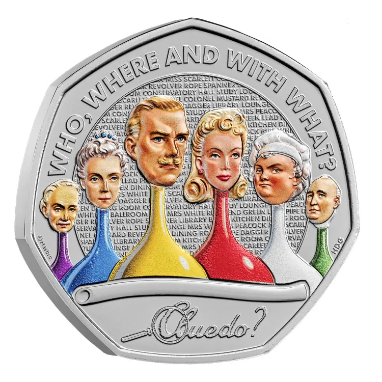 Cluedo 50p 2026 reverse in colour, six suspects rising from red, yellow, blue, purple, green and white game pawns beneath the legend WHO, WHERE AND WITH WHAT?