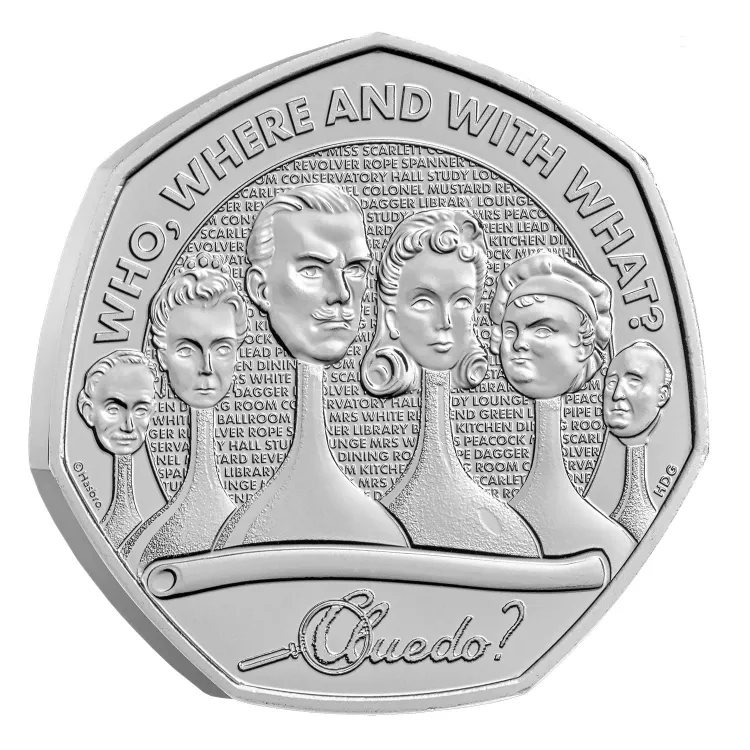 Cluedo 50p Brilliant Uncirculated reverse in cupro-nickel, showing the hidden microtext of rooms and weapons behind the suspects