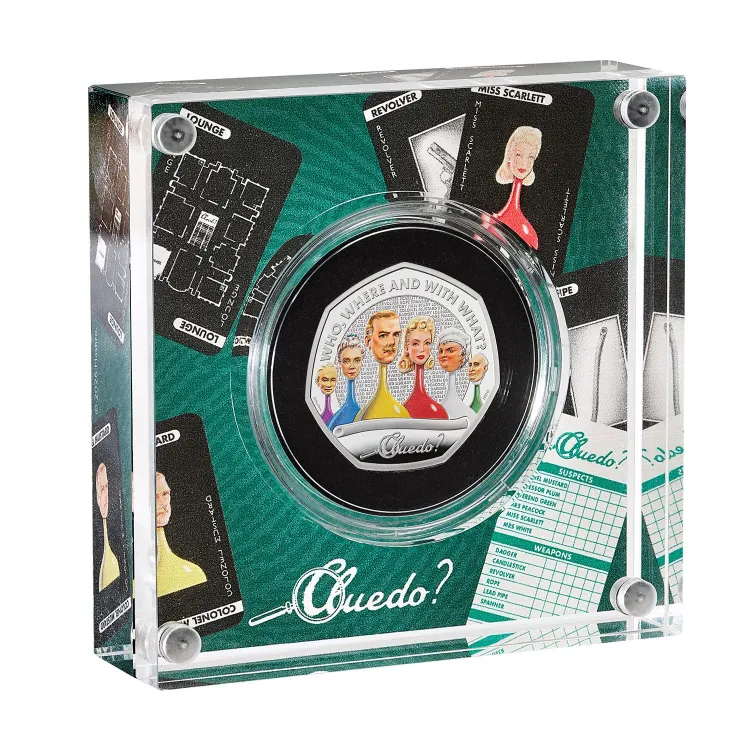 Cluedo 50p Silver Proof Colour coin in its acrylic display block printed with game board artwork
