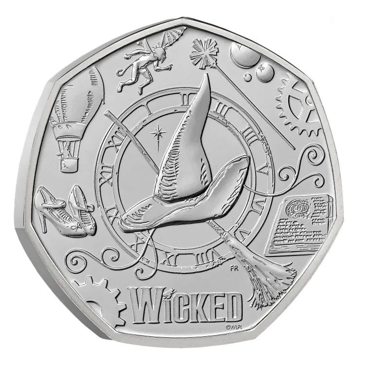 Wicked 2026 UK 50p Brilliant Uncirculated coin in cupro-nickel, reverse view, uncoloured.