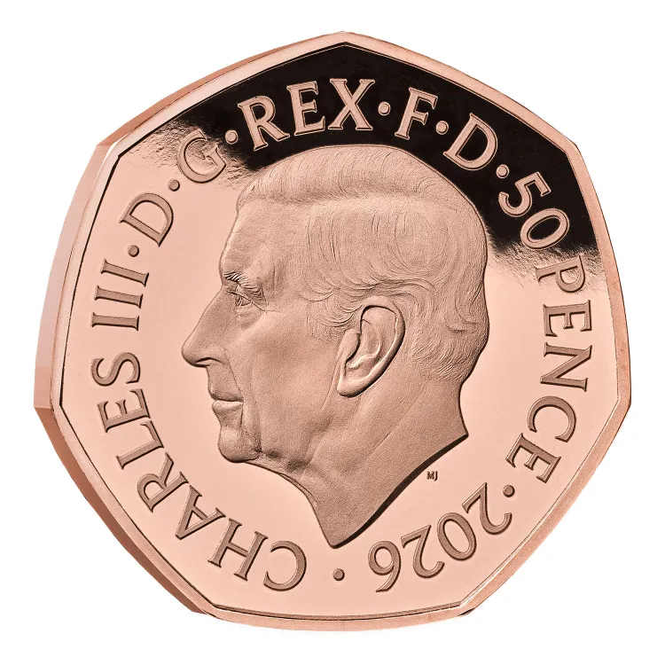 Obverse of the Wicked 2026 UK 50p with the Martin Jennings portrait of King Charles III and the inscription CHARLES III D G REX F D 50 PENCE 2026.