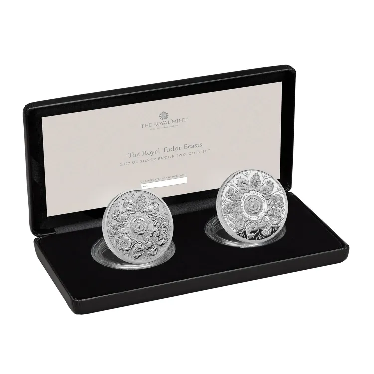Royal Tudor Beasts 2027 UK silver proof two-coin set showing the standard proof and reverse frosted finishes side by side